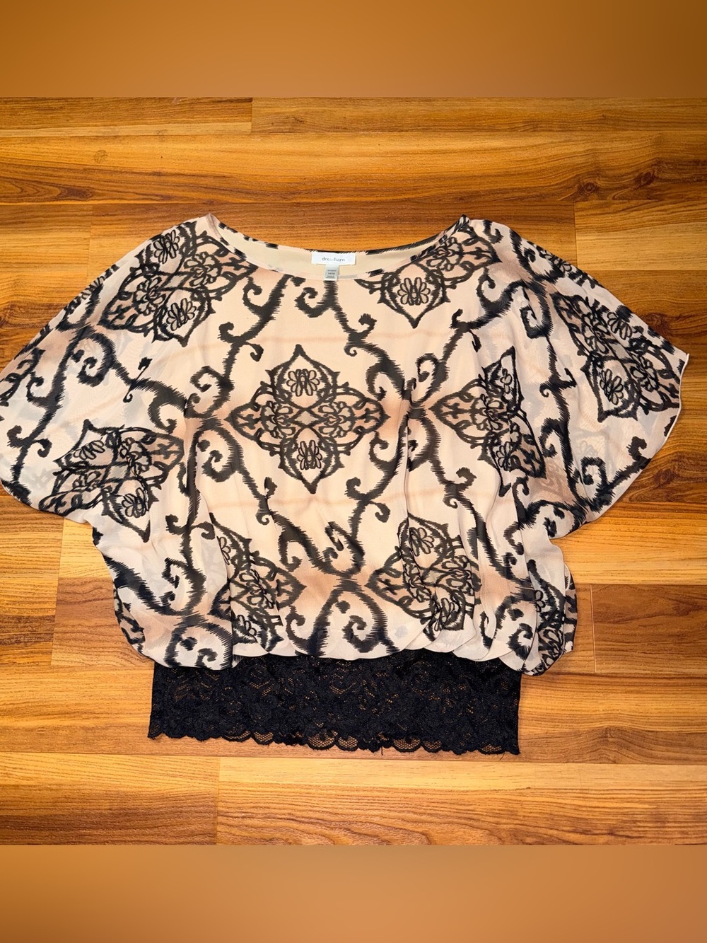 dressbarn Blush and Black Printed Lace-Hem Tunic